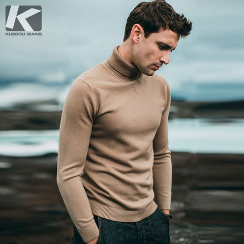KUEGOU 2019 Autumn Plain Black Turtleneck Sweater Men Pullover Casual Jumper For Male Brand Knitted Korean Style Clothes 89002