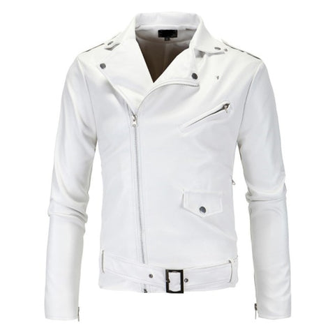 Hot Selling Men Locomotive Slim Fit Leather Coat Stand Collar Tailor Oblique Zipper White Leather Coat Leather Jacket Py12