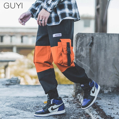 GUYI Contrast Color Pockets Cargo Pants Men Knee Length Patchwork Tactical Trouser Male Fashion Casual Hip Hop Harem Streetwear