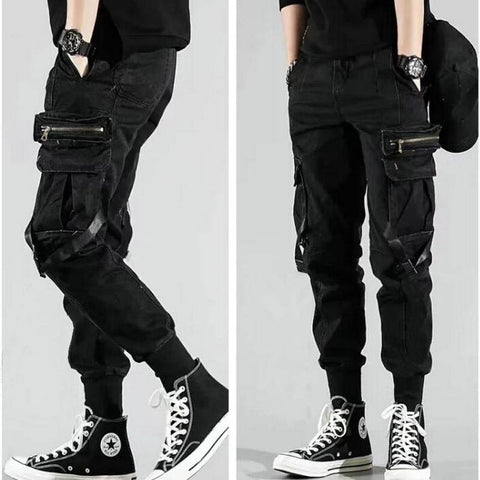 Men's Side Pockets Harem Pants 2020 Autumn Hip Hop Casual Ribbons Design Male Joggers Trousers Fashion Streetwear Pant Black